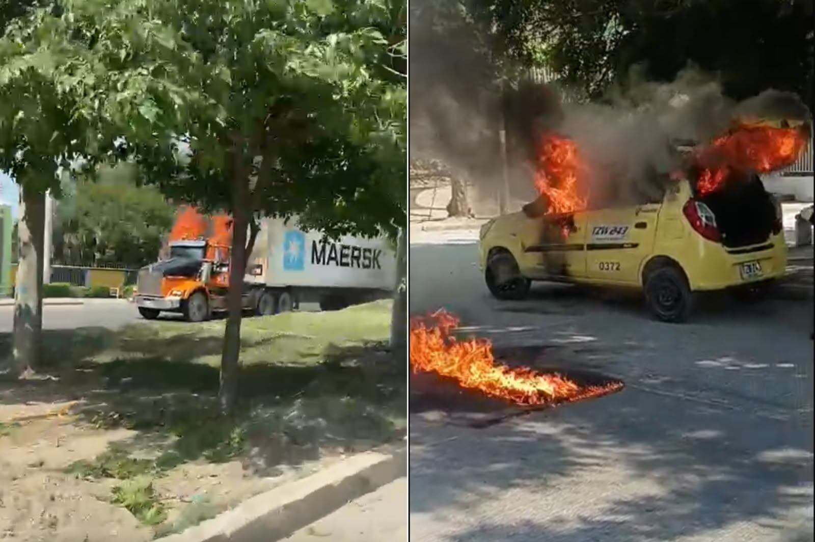 Hombres armados quemaron una tractomula y un taxi en Santa Marta en medio de paro armado. Foto: Capturas de Video