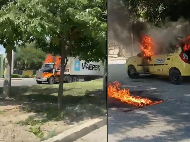 Hombres armados quemaron una tractomula y un taxi en Santa Marta en medio de paro armado. Foto: Capturas de Video