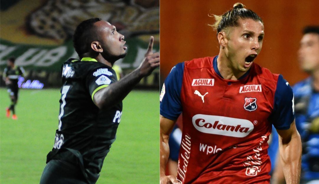 Jarlan Barrera, volante de Nacional y Agustín Vueltich, delantero del Medellín.