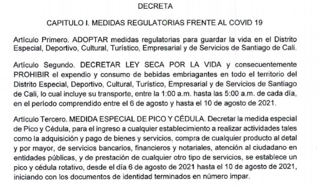 Refencia del decreto que amplía pico y cédula y ley seca