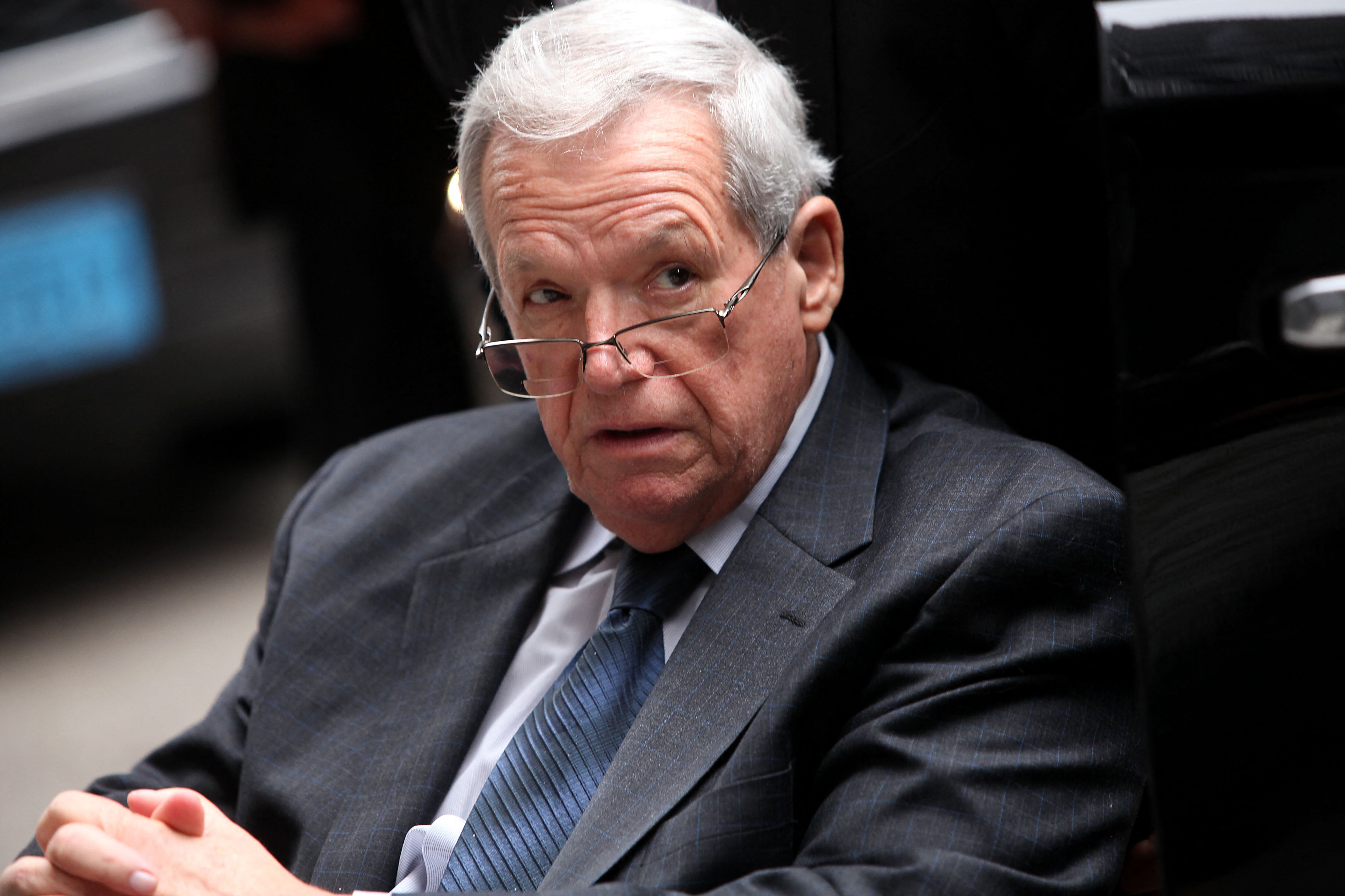 CHICAGO, IL - APRIL 27: Former House Speaker Dennis Hastert leaves the Dirksen Federal Court House in a wheelchair after his sentencing on April 27, 2016 in Chicago, Illinois. Hastert was sentenced to 15 months in prison and ordered to pay $250,000 to a victim's fund for breaking banking laws as he sought to pay a man identified only as Individual A, 14-years-old at the time, millions of dollars to keep quiet about past sexual abuse. The abuse occured during Hastert's years as wrestling coach at Yorkville High School decades ago.   Joshua Lott/Getty Images/AFP (Photo by Joshua LOTT / GETTY IMAGES NORTH AMERICA / Getty Images via AFP)