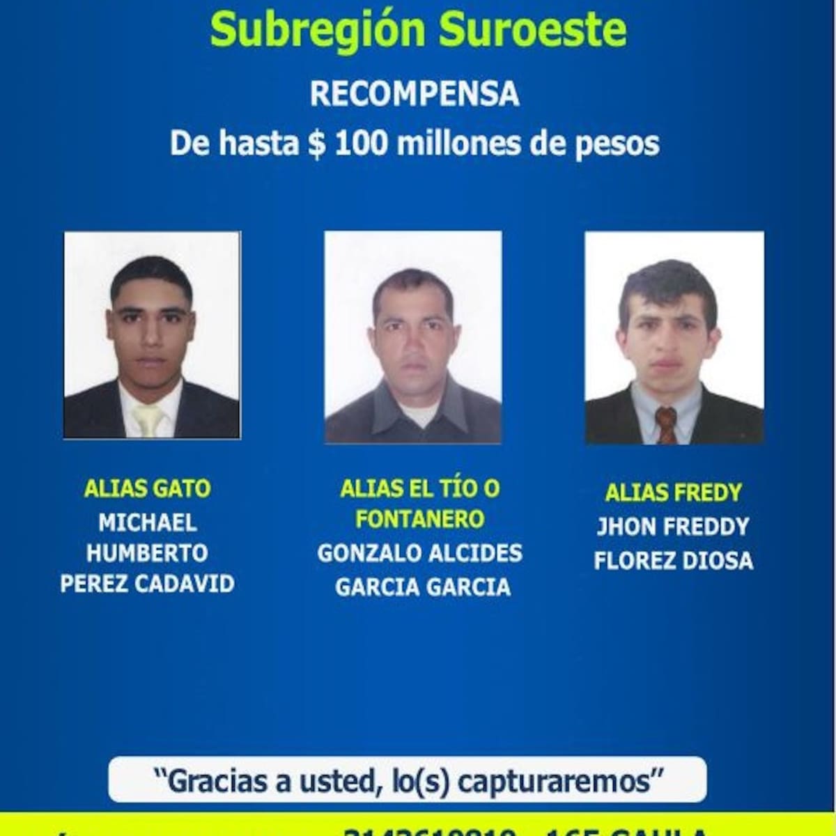 Policía publicó el cartel de los más buscados del Suroeste de Antioquia