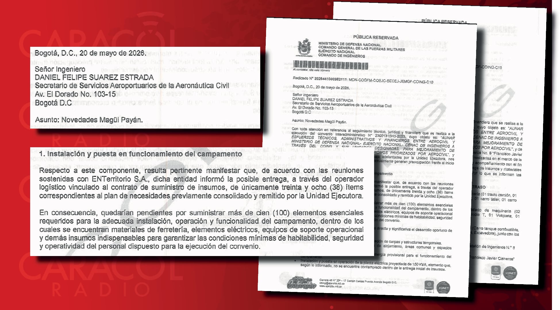El informe del Comando de Ingenieros del Ejército. Enterritorio no cumple con el suministro de materiales.