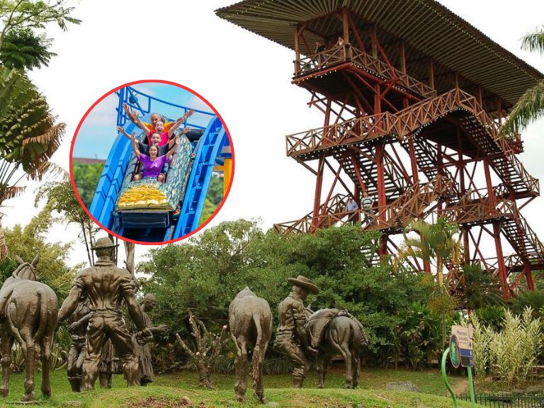 Paisaje en el Parque del Café de Colombia y una de sus atracciones (Fotos vía la cuenta de instagram oficial del parque @parquedelcafeoficial)
