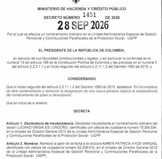 Decreto donde declaran insubsistente al quindiano Luciano Grisales. Foto: Cortesía Presidencia Colombia