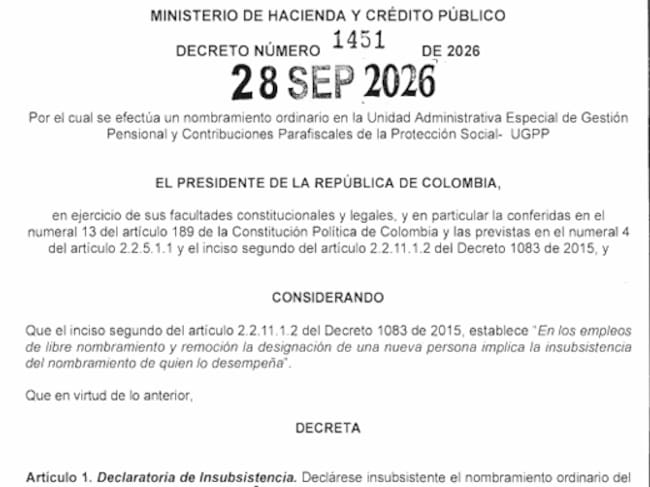 Decreto donde declaran insubsistente al quindiano Luciano Grisales. Foto: Cortesía Presidencia Colombia