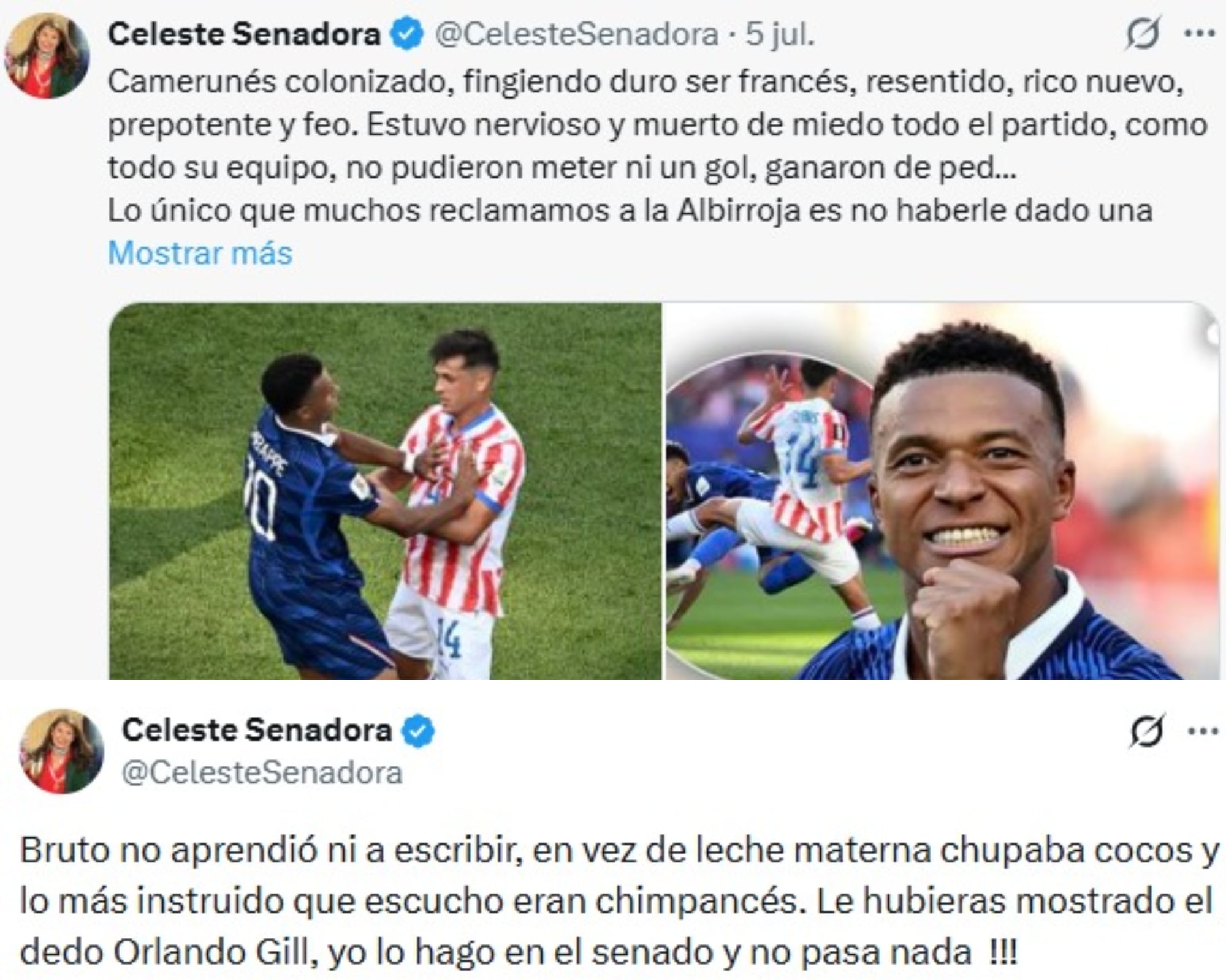 Serie de trinos de la senadora paraguaya Celeste Amarilla con mensajes racistas contra el jugador Kylian Mbappé.
(Foto: Captura de Pantalla / Caracol Radio)