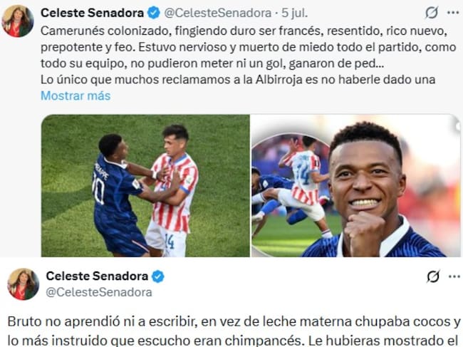 Serie de trinos de la senadora paraguaya Celeste Amarilla con mensajes racistas contra el jugador Kylian Mbappé.
(Foto: Captura de Pantalla / Caracol Radio)