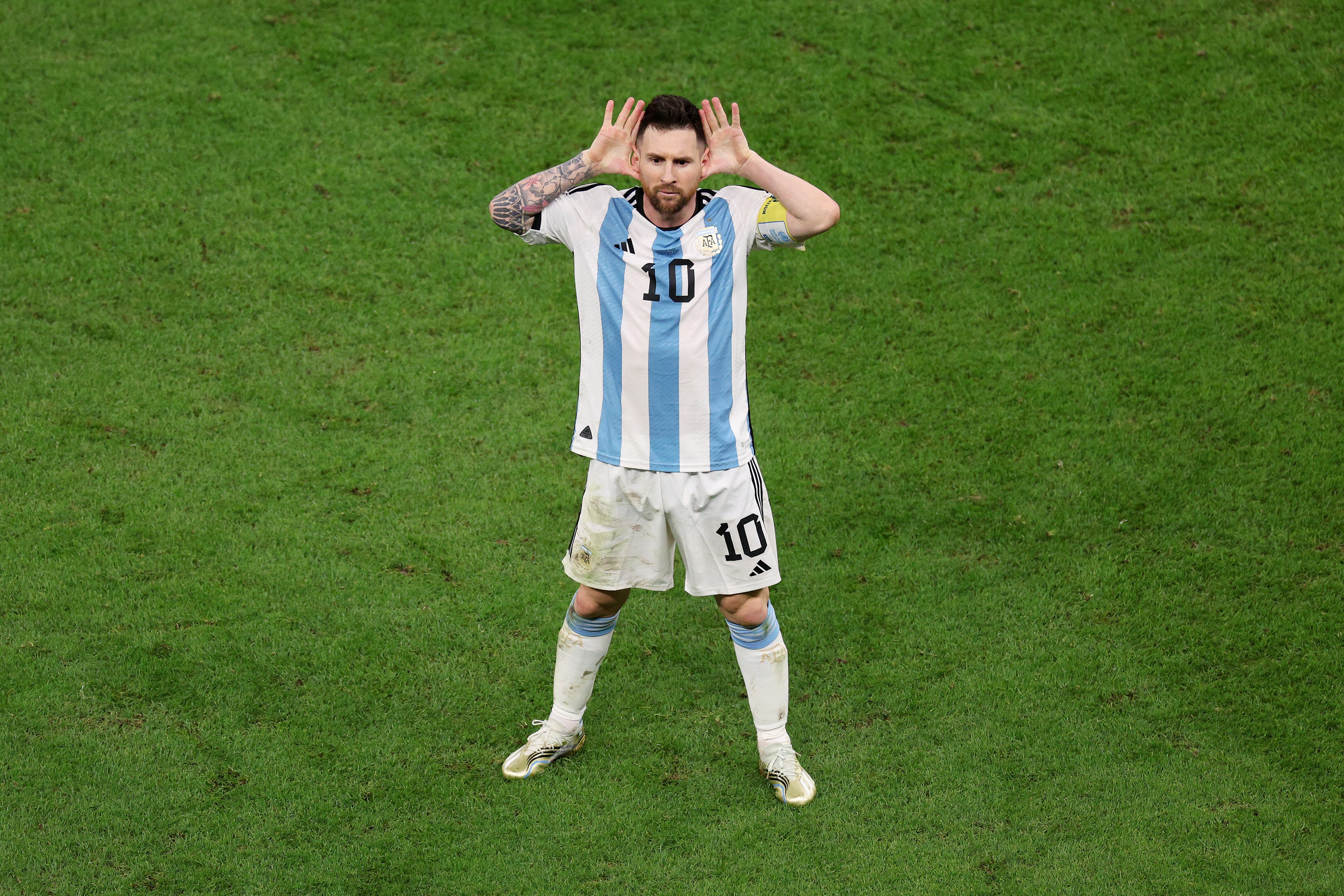 LUSAIL CITY, QATAR - DECEMBER 09: Lionel Messi of Argentina celebrates after scoring the team's second goal during the FIFA World Cup Qatar 2022 quarter final match between Netherlands and Argentina at Lusail Stadium on December 09, 2022 in Lusail City, Qatar. (Photo by Elsa/Getty Images)