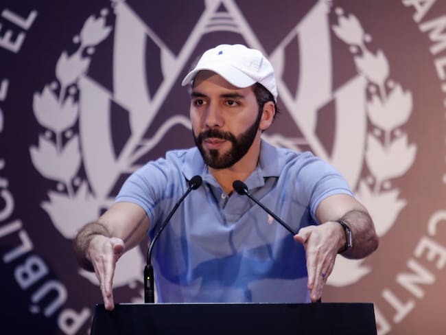 Incumbent president of El Salvador and presidential candidate for Nuevas Ideas Nayib Bukele speaks during a press conference after casting his vote on February 04, 2024 in San Salvador, El Salvador. Salvadorans head to polls to vote for president as incumbent Nayib Bukele seeks for reelection despite a constitutional ban. (Photo by Alex Peña/Getty Images)