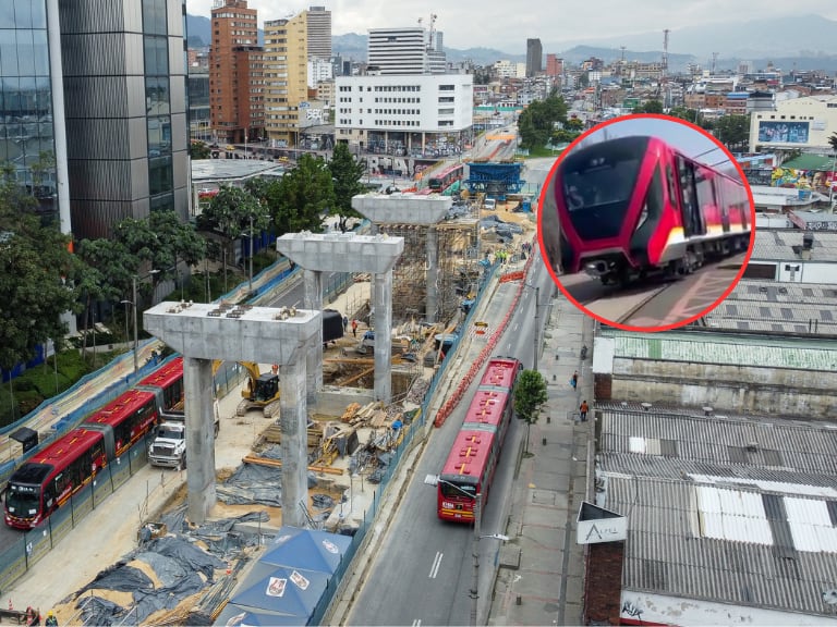 Vista de una de las obras del Metro de Bogotá y al lado el primer tren de este proyecto (Fotos vía COLPRENSA)