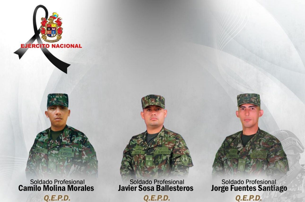 Los fallecidos son los soldados Jorge David Fuentes, oriundo de Valledupar, Javier Sosa Ballesteros, procedente de La Mesa, Cundinamarca, y Camilo Andrés Molina, de Galeras, Sucre / Foto: Ejército