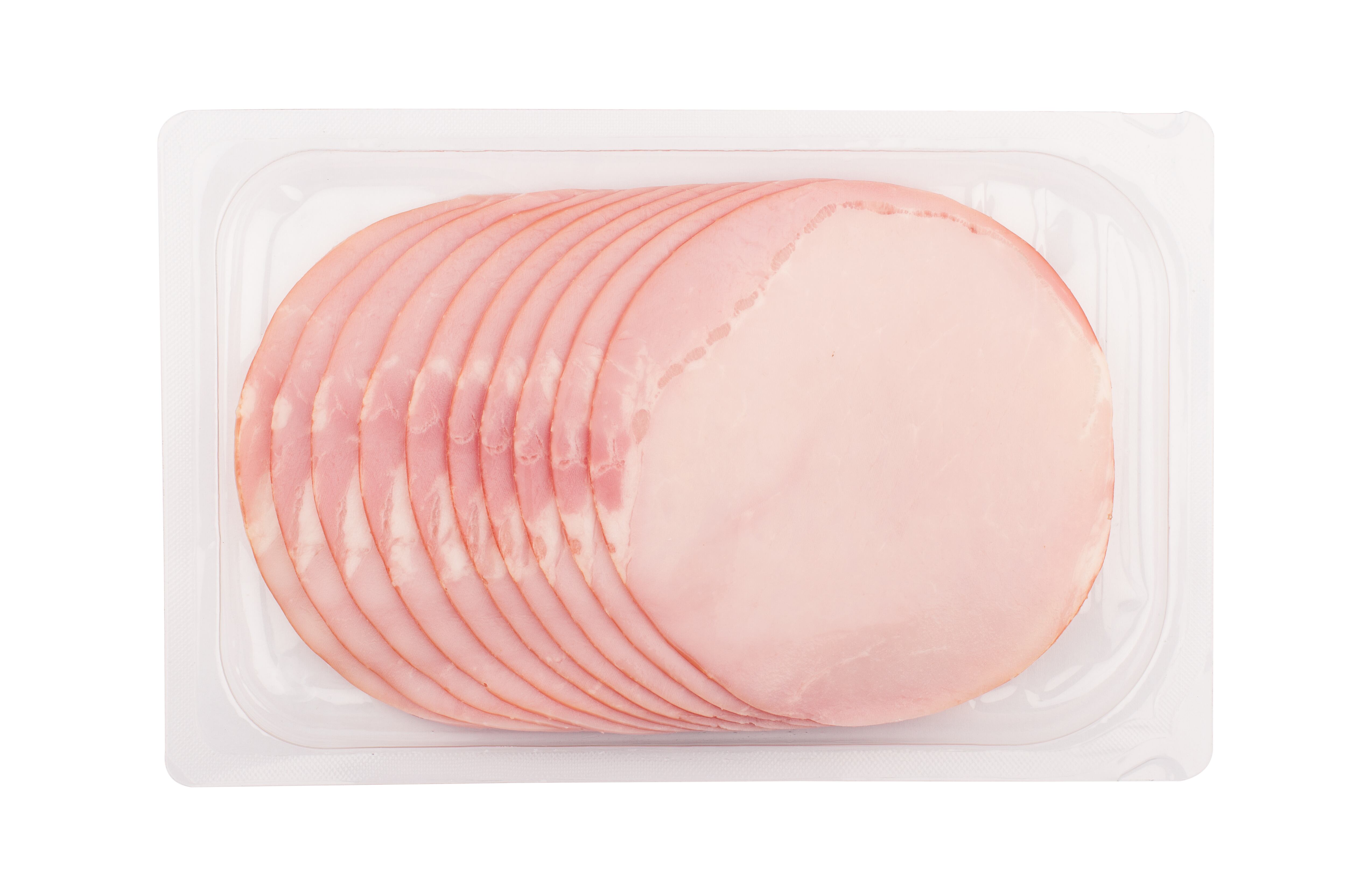 top view of round slices of smoked pork loin ham in transparent plastic tray packaging isolated on white background