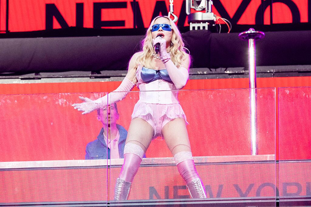 NEW YORK, NEW YORK - JUNE 04: Madonna performs during a surprise concert in Times Square on June 04, 2026 in New York City. (Photo by Santiago Felipe/GC Images)