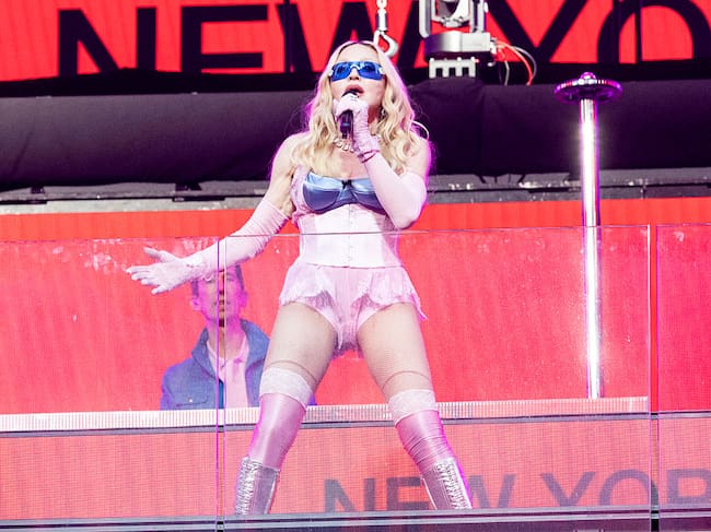 NEW YORK, NEW YORK - JUNE 04: Madonna performs during a surprise concert in Times Square on June 04, 2026 in New York City. (Photo by Santiago Felipe/GC Images)