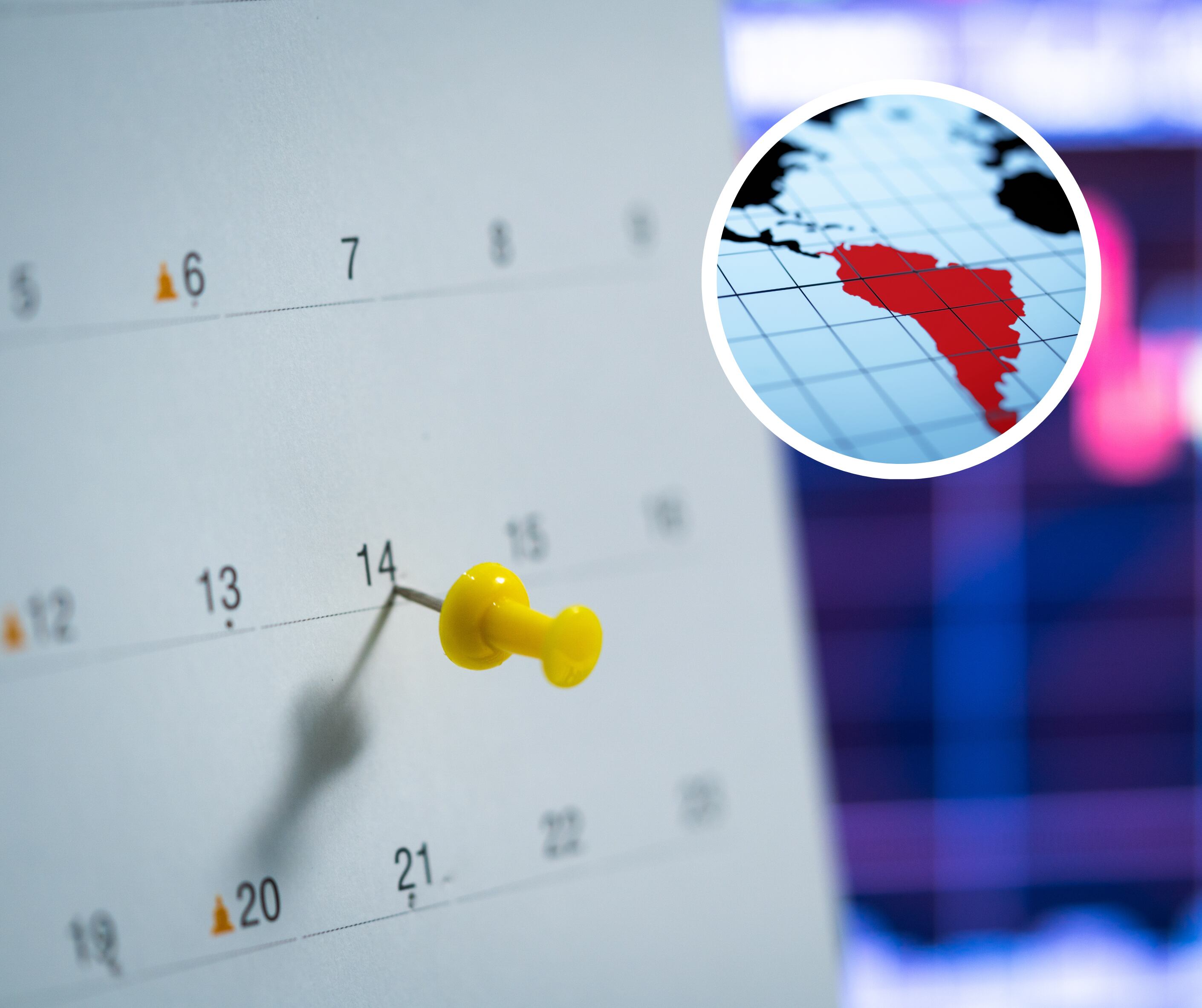 Calendario con ciertos días enfocados junto a un mapa con Latinoamérica resaltada (Getty Images)