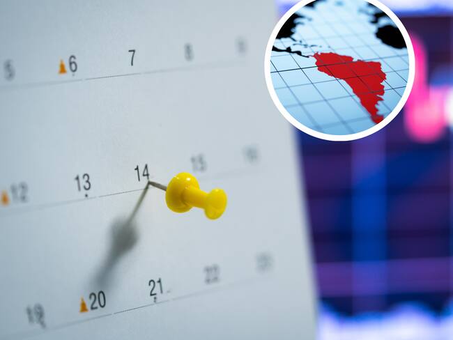 Calendario con ciertos días enfocados junto a un mapa con Latinoamérica resaltada (Getty Images)