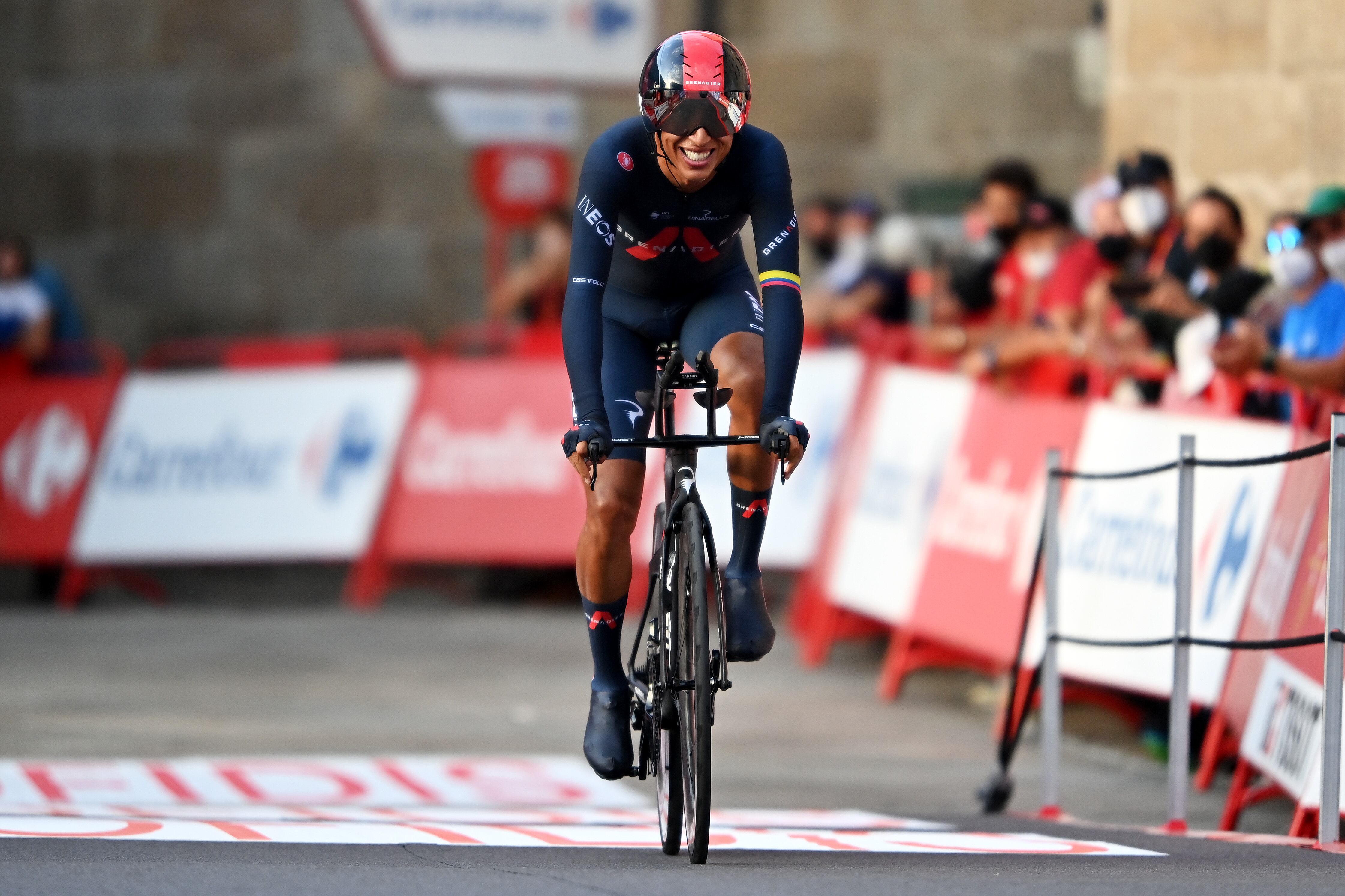 SANTIAGO DE COMPOSTELA, SPAIN - SEPTEMBER 05: Egan Arley Bernal Gomez of Colombia and Team INEOS Grenadiers crosses the finishing line during the 76th Tour of Spain 2021, Stage 21 a 33,8 km Individual Time Trial stage from Padrón to Santiago de Compostela / @lavuelta / #LaVuelta21 / ITT / on September 05, 2021 in Santiago de Compostela, Spain. (Photo by Stuart Franklin/Getty Images)
