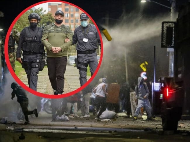 Foto: de fondo una imagen de las protestas durante el Paro Nacional. En el círculo, el ciudadano ruso Sergei Vagin cuando fue capturado en 2022.