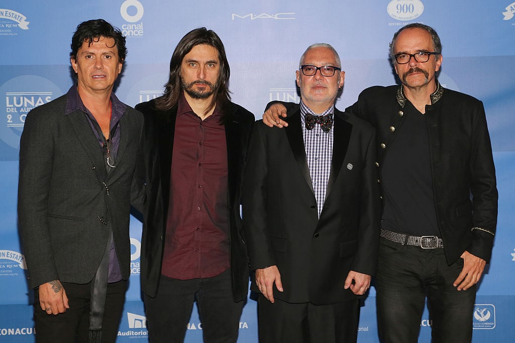 MEXICO CITY, MEXICO - OCTOBER 29: (L-R) Saúl Hernández, Alfonso André, Sabo Romo and Santiago Ojeda of Caifanes attend Lunas Del Auditorio Nacional 2014 at Auditorio Nacional on October 29, 2014 in Mexico City, Mexico. (Photo by Victor Chavez/WireImage)