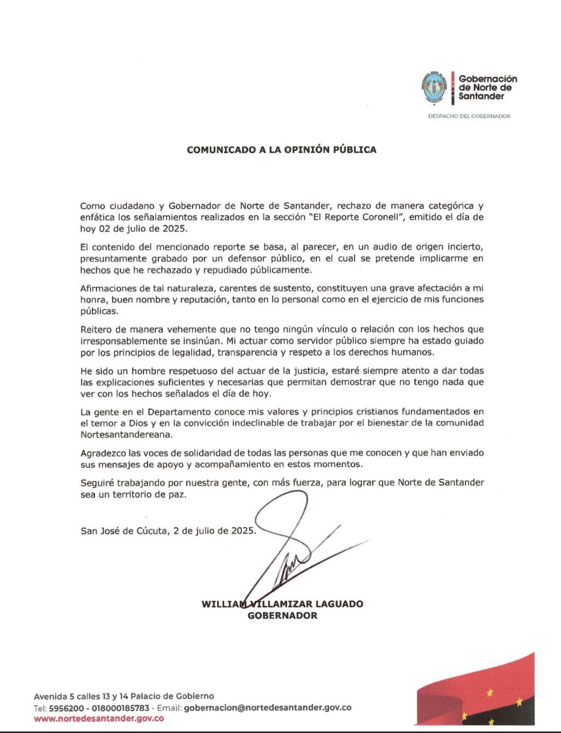 Comunicado de la Gobernación de Norte de Santander.