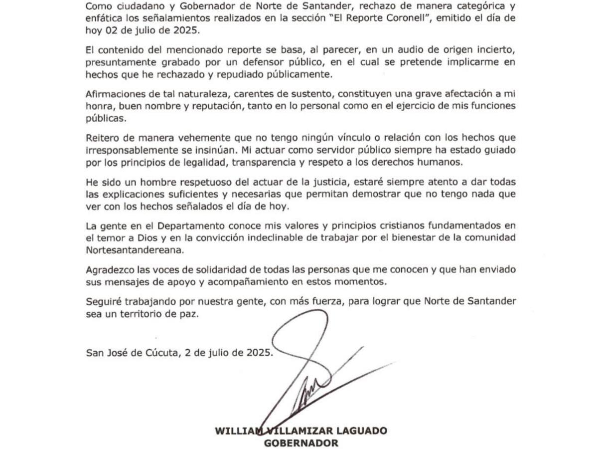 Gobernador de Norte de Santander rechaza señalamientos en su contra