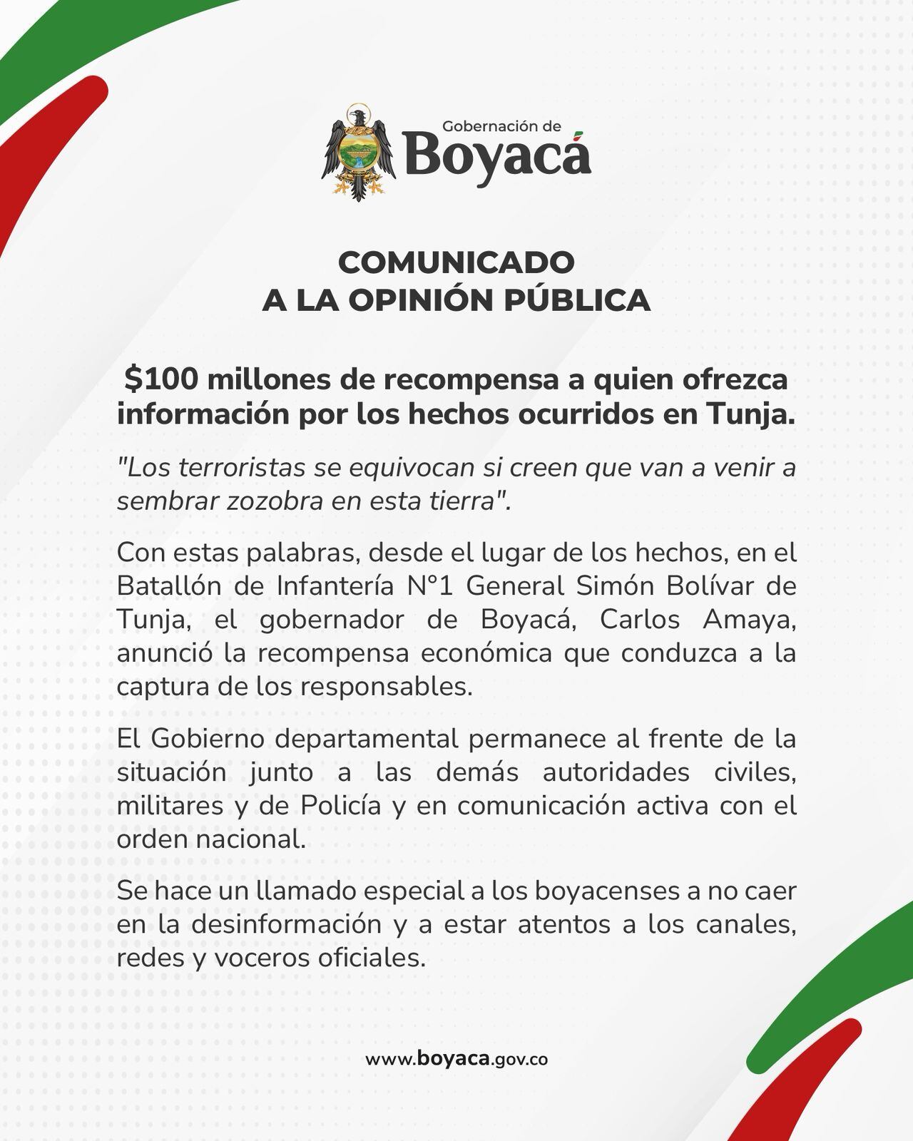 Boyacá ofrece $100 millones para capturar a responsables del atentado en Tunja