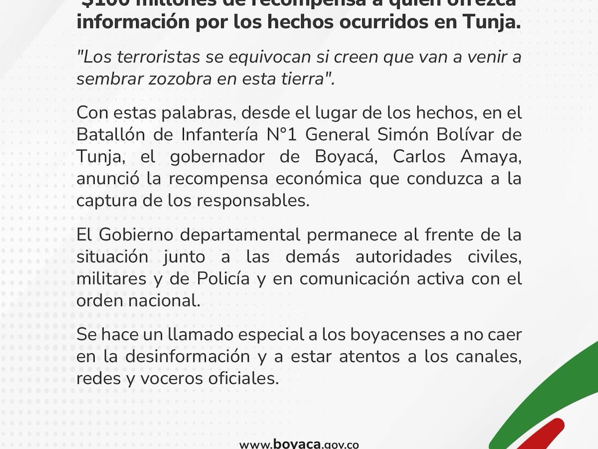 Boyacá ofrece $100 millones para capturar a responsables del atentado en Tunja