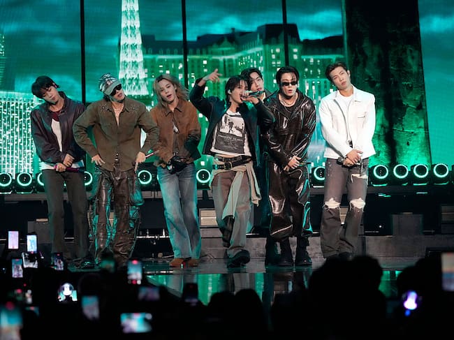 LAS VEGAS, NEVADA - SEPTEMBER 18: (L-R) (L-R) Jin, Jung Kook, Suga, Jimin, j-hope, V, and RM of BTS perform onstage during the 2026 iHeartRadio Music Festival at T-Mobile Arena on September 18, 2026 in Las Vegas, Nevada. (Photo by Jeff Kravitz/FilmMagic)