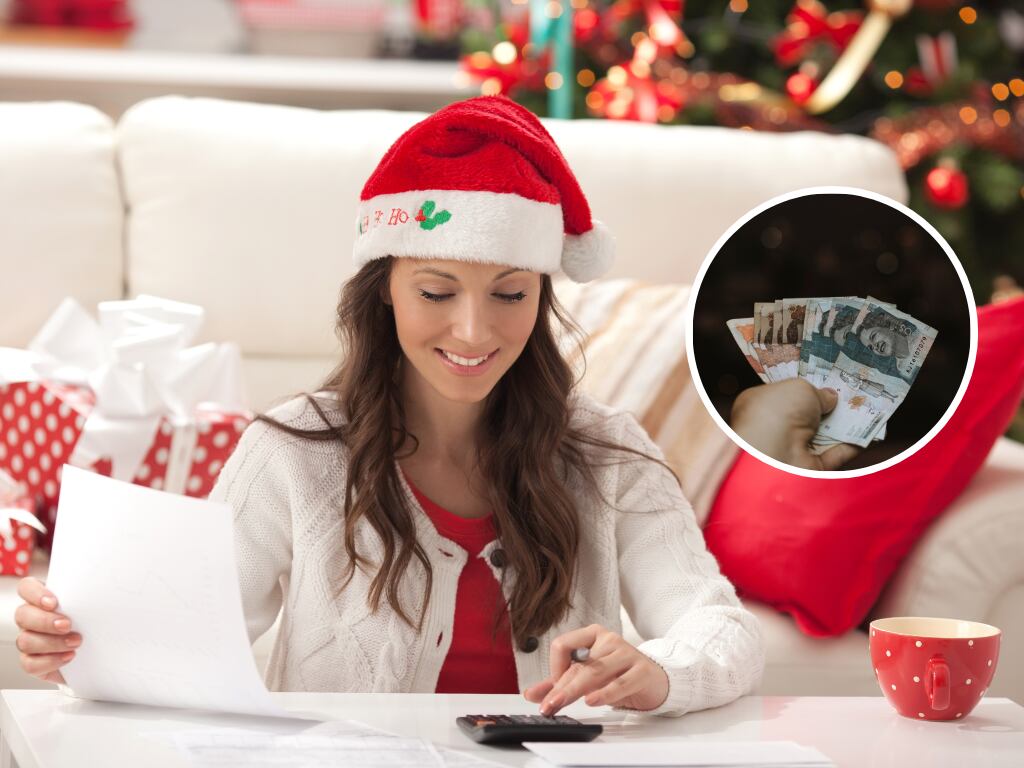 Mujer con gorro navideño haciendo cuentas y de fondo dinero colombiano (Fotos vía Getty Images)