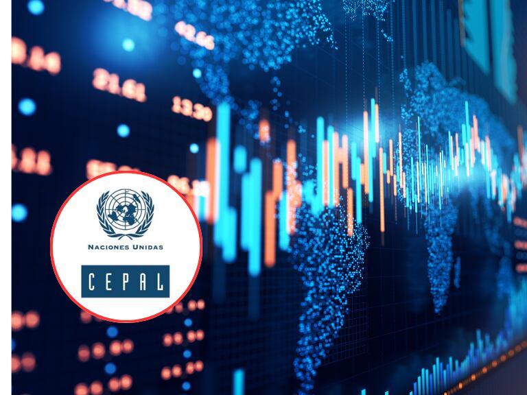 Ilustración alusiva al crecimiento económico de los países del mundo y al lado el logo de la CEPAL (Fotos vía Getty Images y cuenta de x de @cepal_onu
