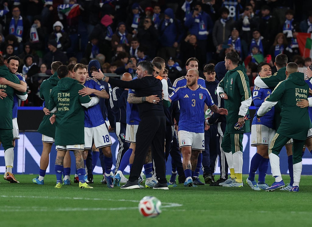 BERGAMO, ITALY - MARCH 26:  Head coach of Italy Gennaro Gattuso celebrates with team-mates the win at the end of the  FIFA World Cup 2026 European Qualifiers KO play-offs  match between Italy and Northern Ireland  at Stadio di Bergamo on March 26, 2026 in Bergamo, Italy. (Photo by Claudio Villa - FIGC/FIGC via Getty Images)