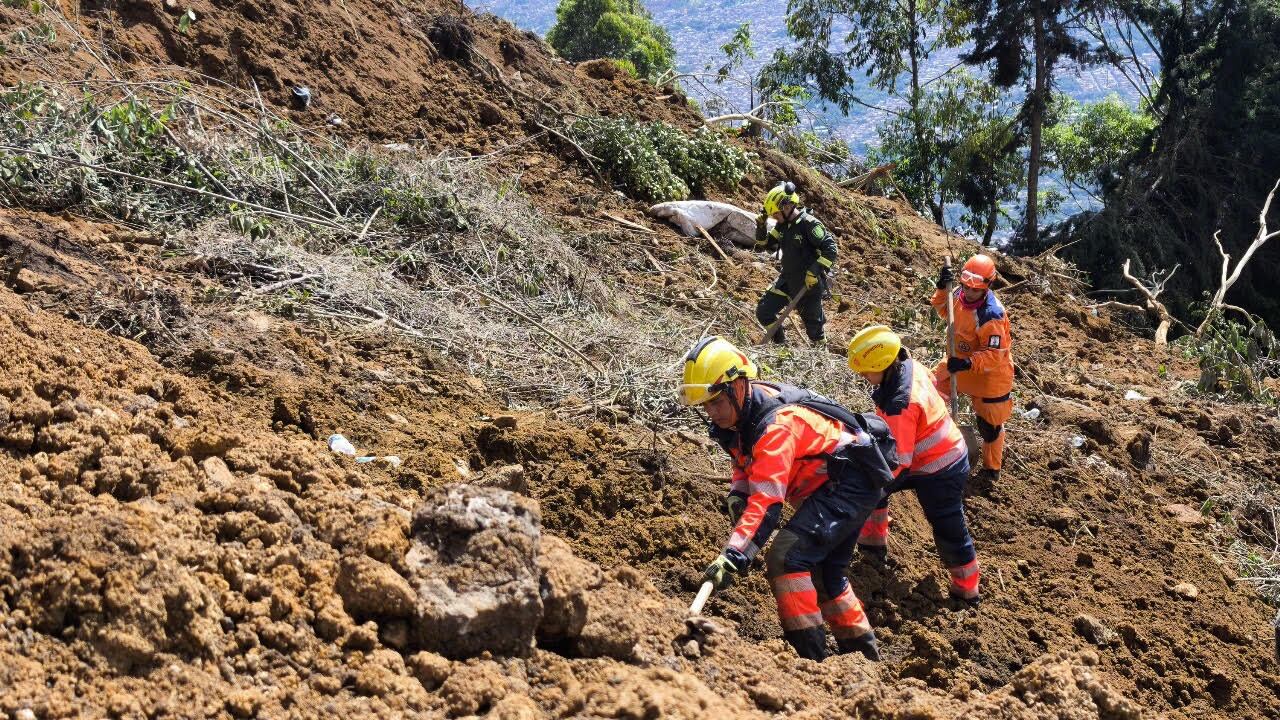 Las labores de rescate siguen en la zona de emergencia con el apoyo de binomios caninos y maquinaria amarilla. Foto: Alcaldía de Bello.