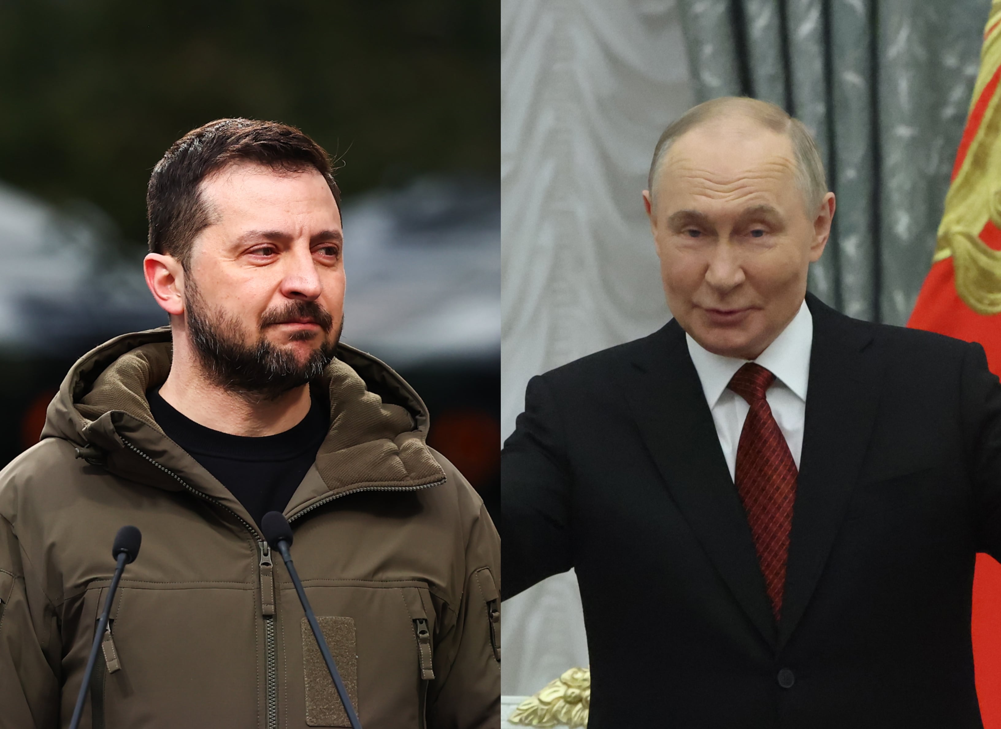 Volodímir Zelenski. FOTO:  Jakub Porzycki/NurPhoto via Getty Images. // Vladímir Putin. FOTO:  Contributor/Getty Images
