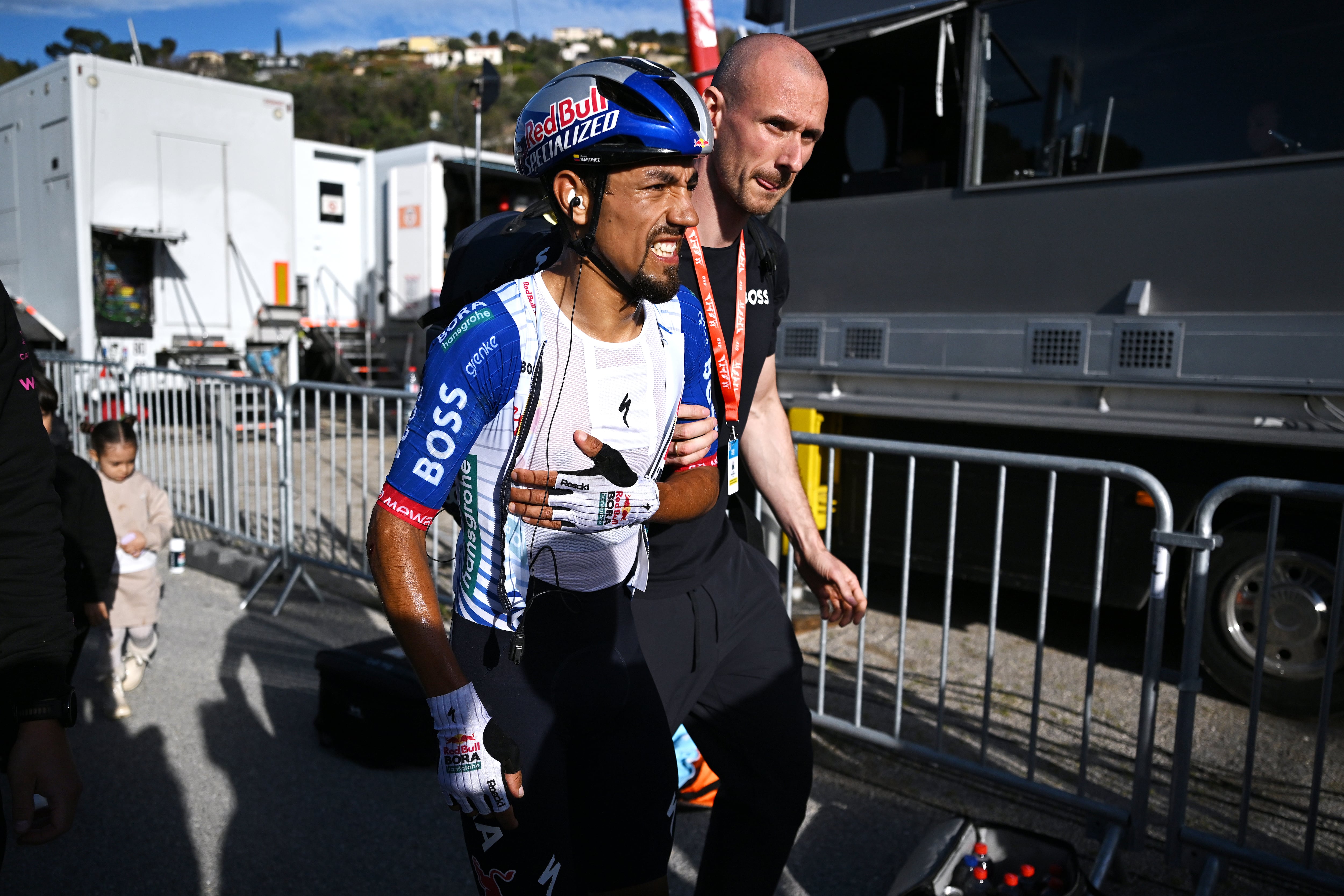 NICE, FRANCE - MARCH 15: Daniel Felipe Martinez of Colombia and Team Red Bull - BORA - hansgrohe reacts after the 84th Paris-Nice 2026, Stage 8 a 129.2km stage from Nice to Nice / #UCIWT / on March 15, 2026 in Nice, France. (Photo by Szymon Gruchalski/Getty Images)