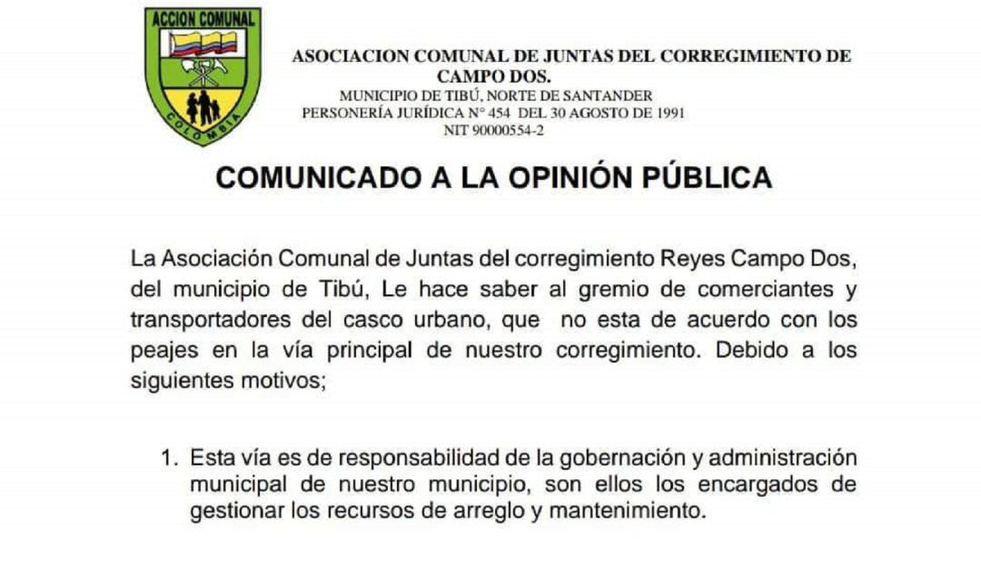 Juntas de acción comunal de Tibú en desacuerdo por instalación de peaje