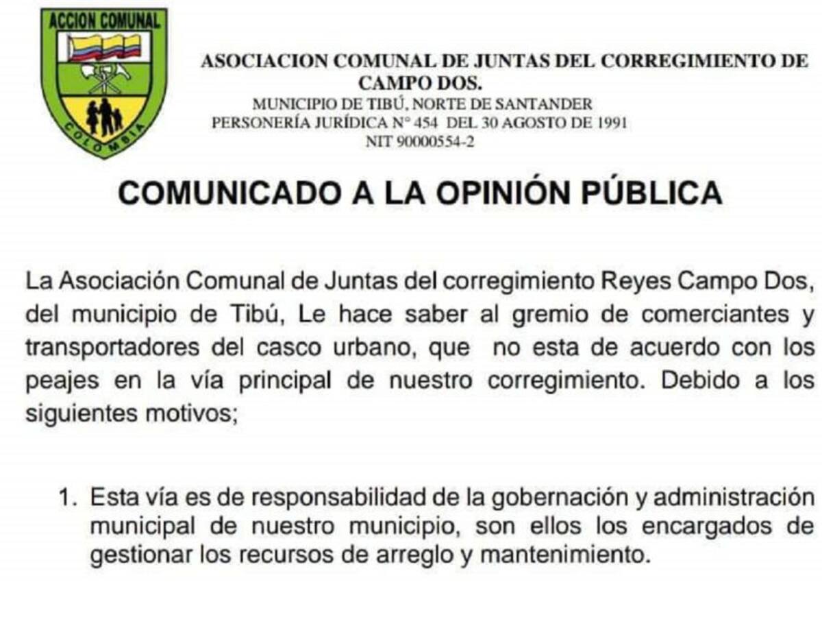 Juntas de acción comunal de Tibú en desacuerdo por instalación de peaje