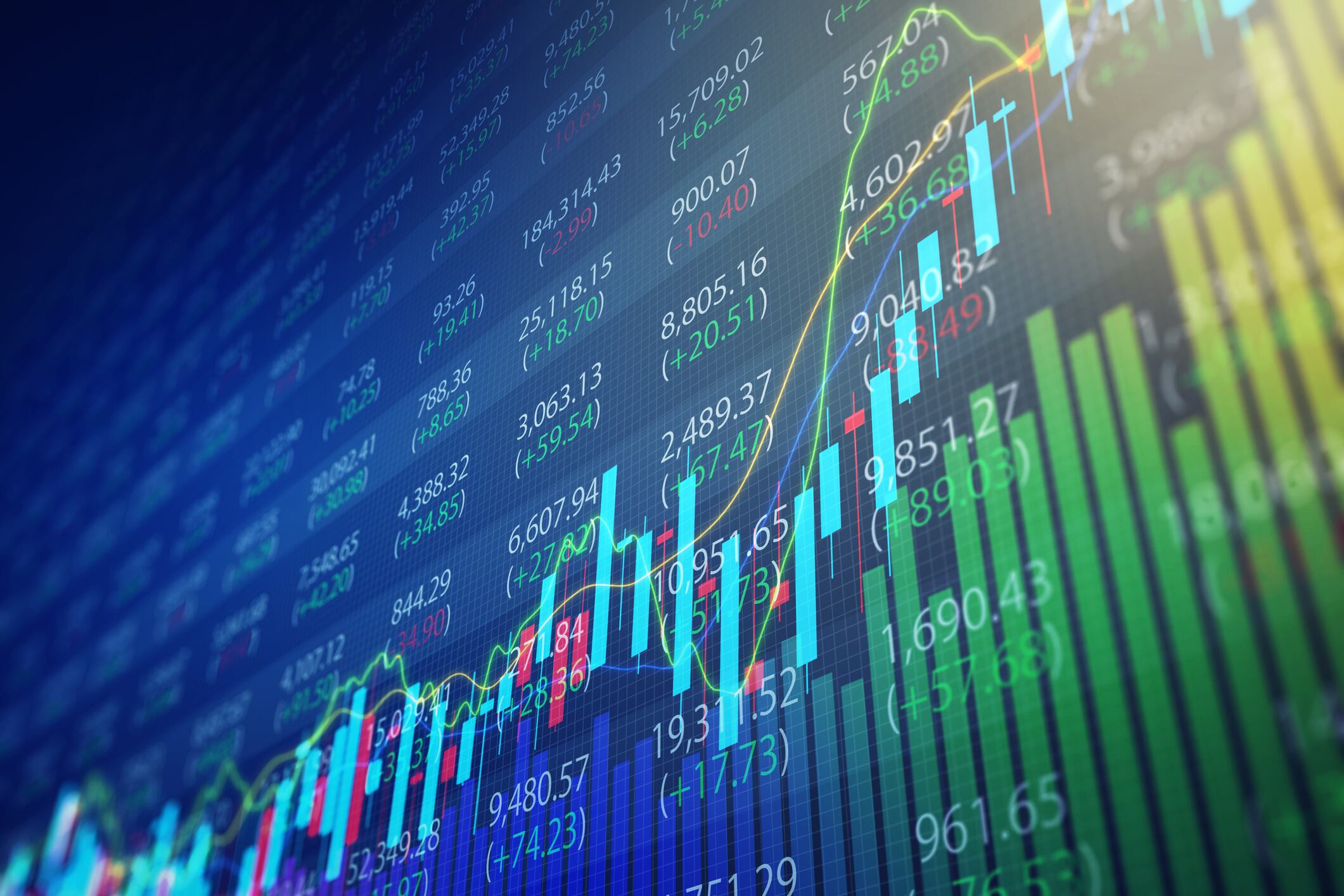 Rising stock market chart on a trading board background.