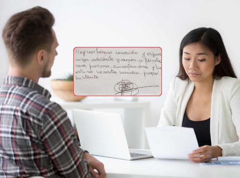 Hombre haciendo una entrevista de trabajo, mientras le revisan la prueba (Getty Images). Escritura de una persona en español (Crédito: Grafología, Escritura y Personalidad)