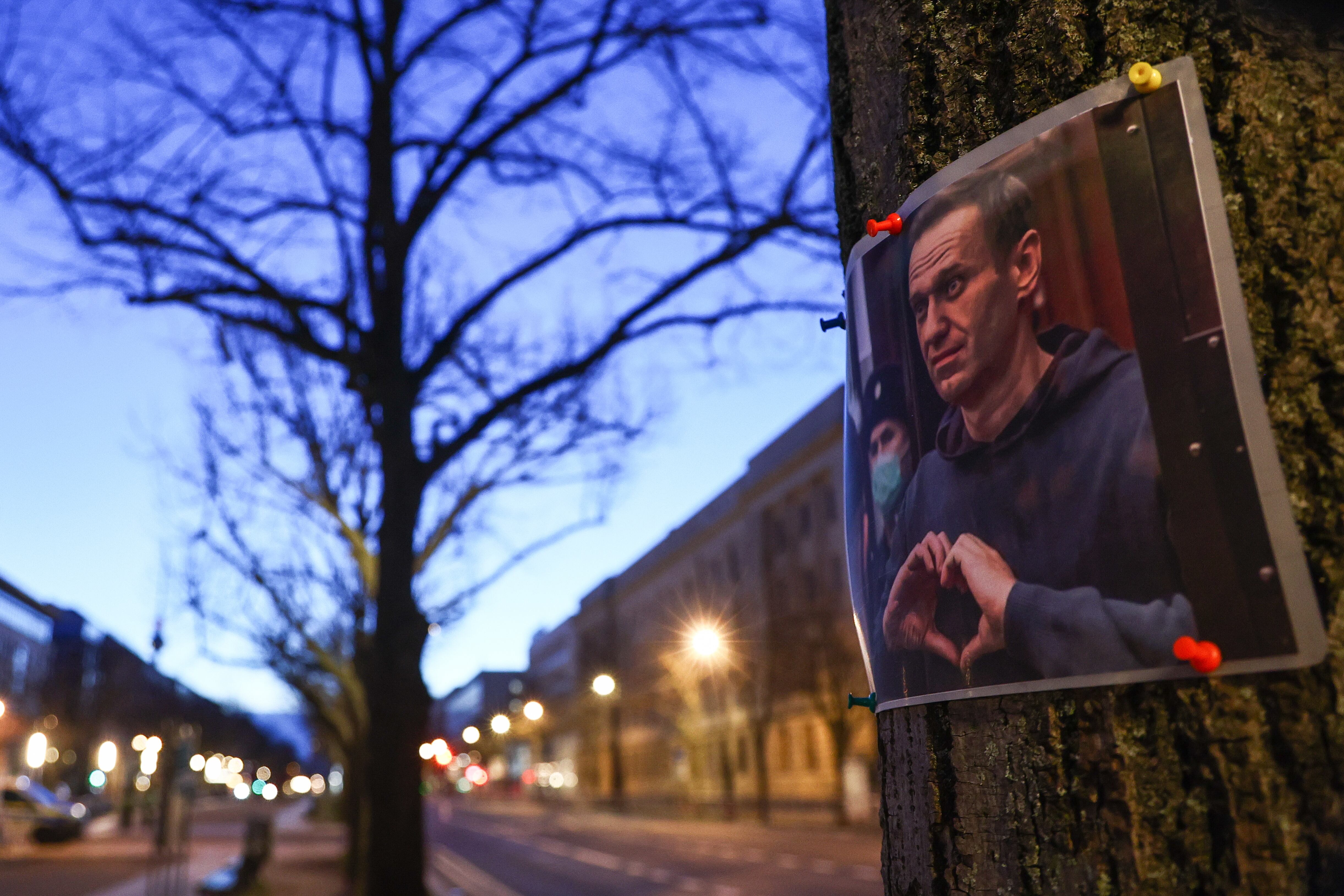 Berlin (Germany), 24/02/2024.- A portrait of late Russian opposition leader Alexei Navalny hangs on a tree outside the Russian embassy in Berlin, Germany, 24 February 2024. Ukraine on 24 February marks the second year since Russian troops entered its territory, starting a conflict that has provoked destruction and a humanitarian crisis. Alexei Navalny has died aged 47 in a penal colony, the Federal Penitentiary Service of the Yamalo-Nenets Autonomous District announced on 16 February 2024. (Protestas, Alemania, Rusia, Ucrania) EFE/EPA/FILIP SINGER