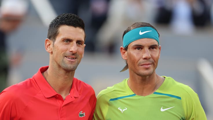 PARIS, FRANCE May 31. Novak Djokovic of Serbia and  Rafael Nadal of Spain pose for a photograph at the net before theit match on Court Philippe Chatrier during the singles Quarter Final match at the 2022 French Open Tennis Tournament at Roland Garros on May 31st 2022 in Paris, France. (Photo by Tim Clayton/Corbis via Getty Images)