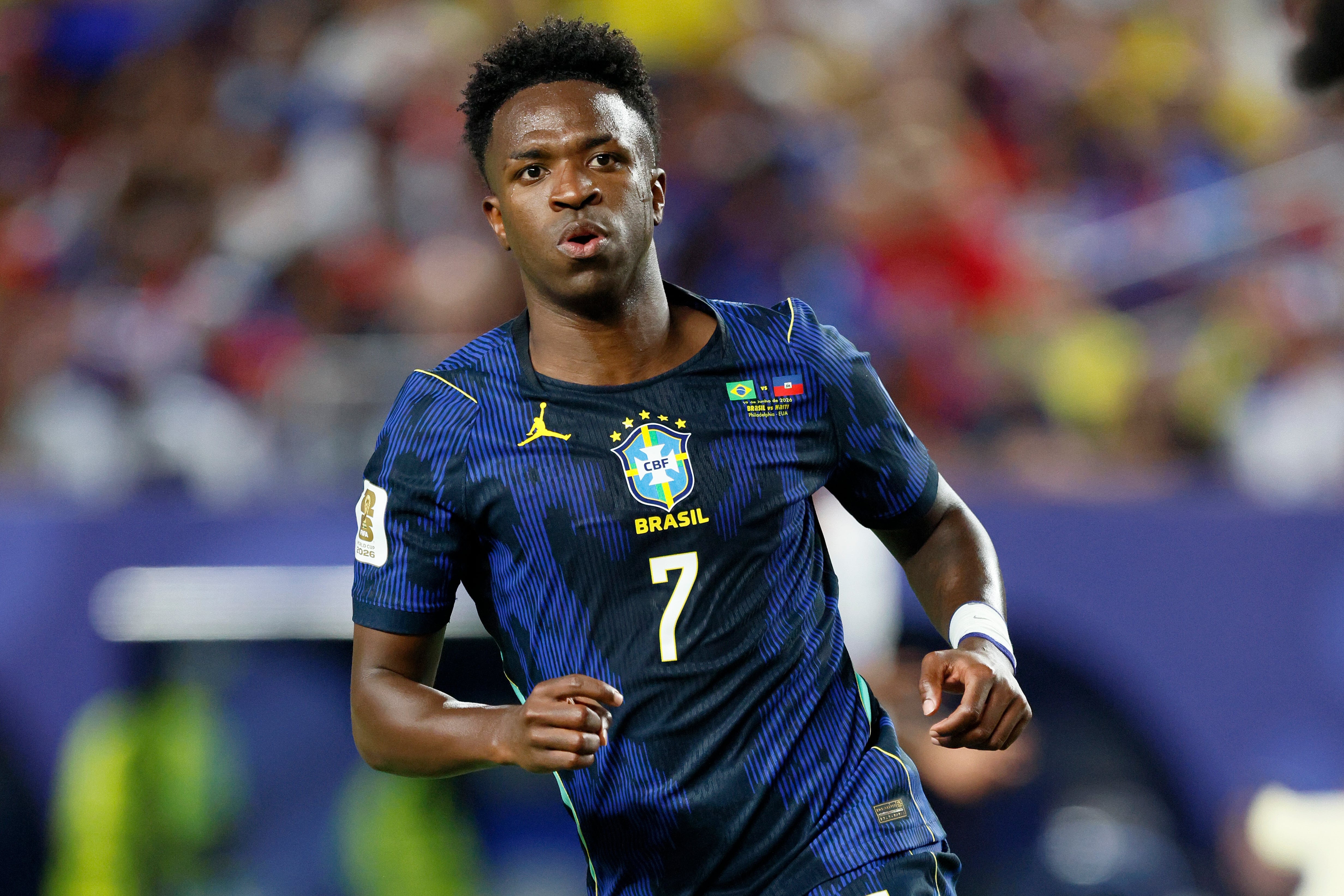 PHILADELPHIA, PENNSYLVANIA - JUNE 19: Vinicius Junior of Brazil runs during the FIFA World Cup 2026 Group C match between Brazil and Haiti at Philadelphia Stadium on June 19, 2026 in Philadelphia, United States. (Photo by Richard Sellers/Sportsphoto/Allstar via Getty Images)