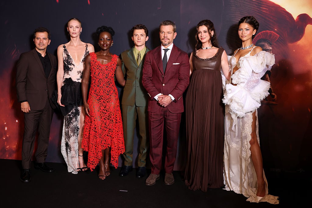 John Leguizamo, Charlize Theron, Lupita Nyong'o, Tom Holland, Matt Damon, Anne Hathaway and Zendaya attend "The Odyssey" Paris Premiere on July 08, 2026 in Paris, France. (Photo by Marc Piasecki/WireImage)