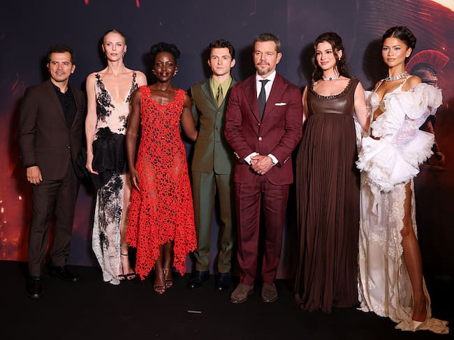 John Leguizamo, Charlize Theron, Lupita Nyong'o, Tom Holland, Matt Damon, Anne Hathaway and Zendaya attend "The Odyssey" Paris Premiere on July 08, 2026 in Paris, France. (Photo by Marc Piasecki/WireImage)