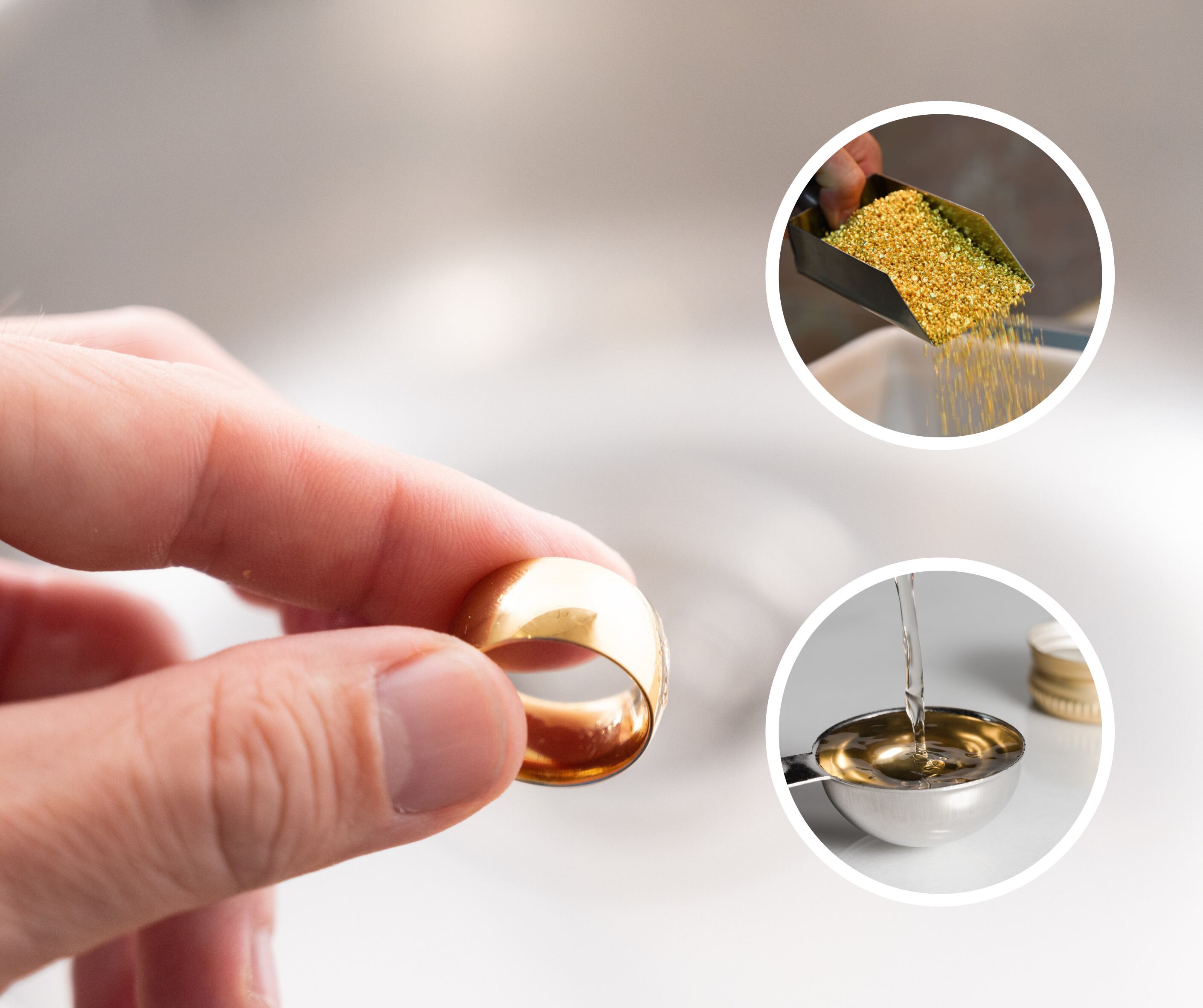Una mano sosteniendo un anillo y al lado alguien recogiendo oro y un liquido (Getty Images)