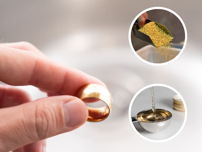 Una mano sosteniendo un anillo y al lado alguien recogiendo oro y un liquido (Getty Images)