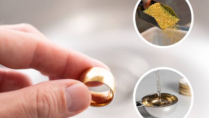 Una mano sosteniendo un anillo y al lado alguien recogiendo oro y un liquido (Getty Images)