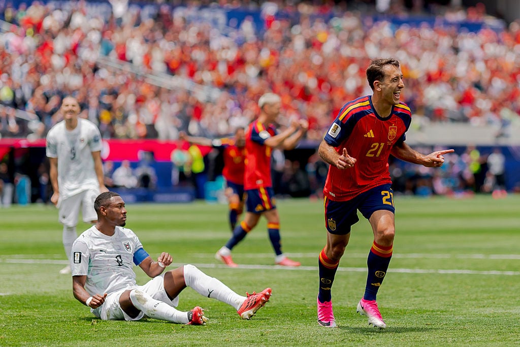 LOS ANGELES, UNITED STATES - JULY 2: Mikel Oyarzabal of Spain celebrates 1-0 during the  World Cup match between Spain  v Austria at the Los Angeles Stadium on July 2, 2026 in Los Angeles United States (Photo by Pablo Garcia/Soccrates/Getty Images)