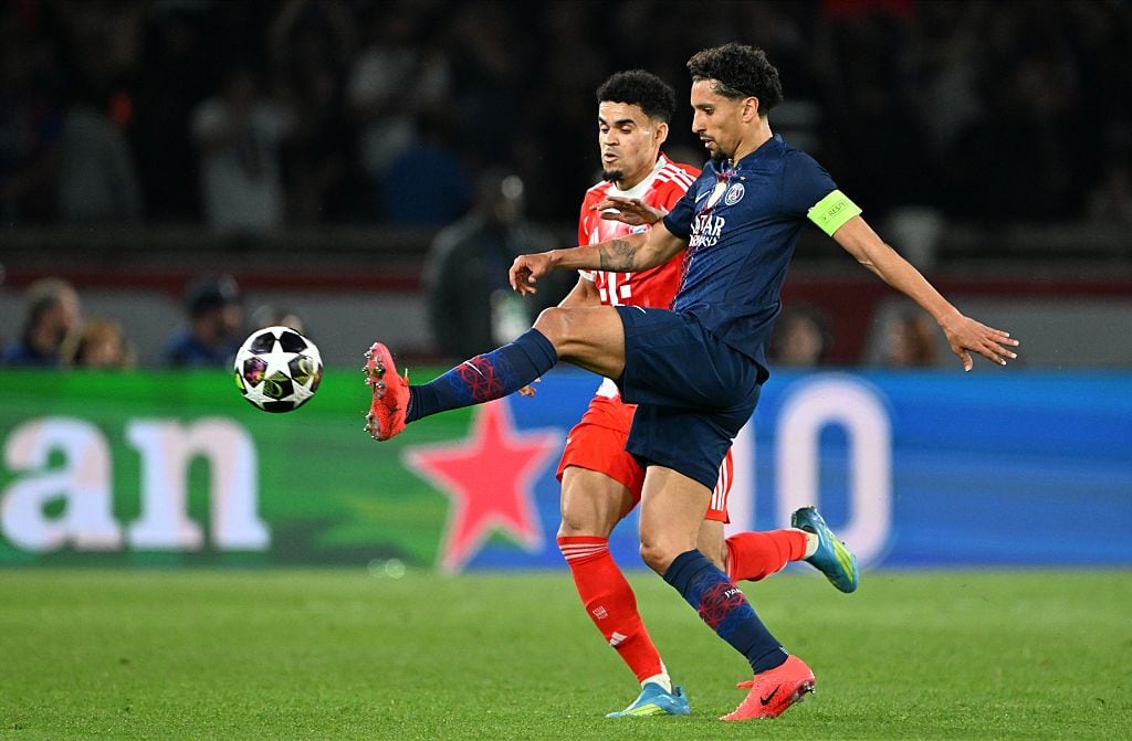 28 April 2026, France, Paris: Soccer, Men: Champions League, Paris Saint-Germain - Bayern Munich, semi-final, first leg, Parc des Princes, Luis Díaz (Bayern Munich) and Marquinhos (Paris Saint-Germain) fight for the ball. Photo: Federico Gambarini/dpa (Photo by Federico Gambarini/picture alliance via Getty Images)