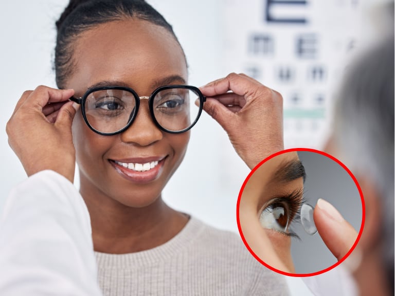 Mujer con gafas y un médico; y, una personas colocándose lentes de contacto. (Foto: Getty Images)